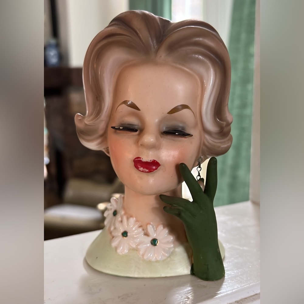 Lady head vase green, verified markings on base.